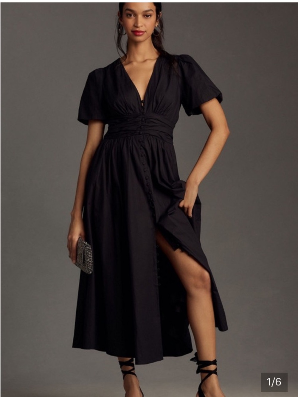 Anthropologie Katerina Black V-Neck Maxi Dress with Covered Buttons Size S